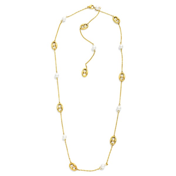 Adjustable Chain Link Y Necklace Featuring Metal Tone Pig Nose & Pearl Stations 

-Approximately 28" L 
- Extender 3"L 
- Stainless Steel 
- Water Resistant 