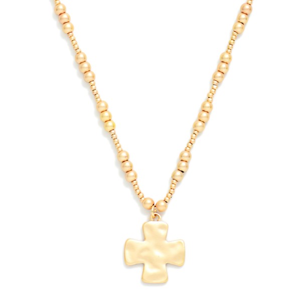 Multiple Size Metal Tone Beaded Necklace Featuring Hammered Metal Plus Cross Pendant 

- Approximately 14" L
- Extender 3" L