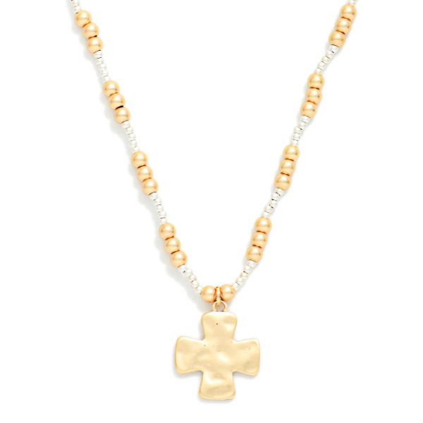 Multiple Size Metal Tone Beaded Necklace Featuring Hammered Metal Plus Cross Pendant 

- Approximately 14" L
- Extender 3" L