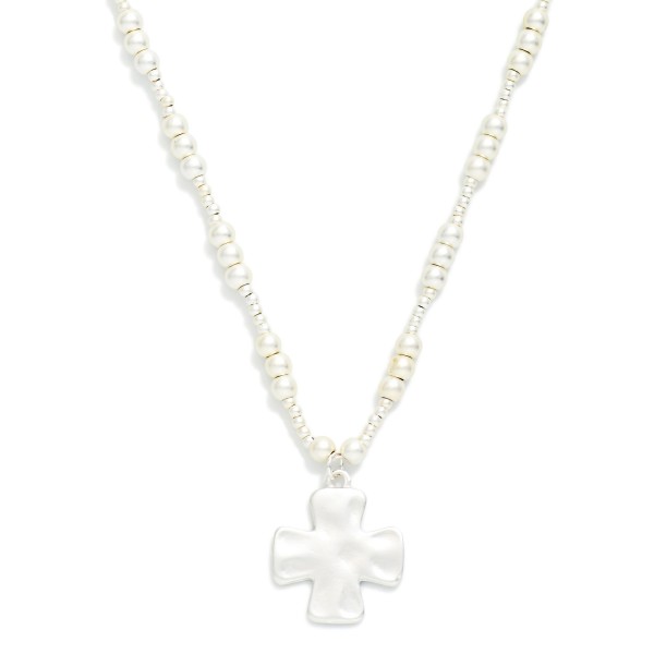 Multiple Size Metal Tone Beaded Necklace Featuring Hammered Metal Plus Cross Pendant 

- Approximately 14" L
- Extender 3" L