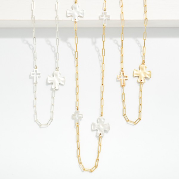 Long Paperclip Chain Link Necklace Necklace Hammered Metal & Hollow Cross Stations 

- Approximately 32" L
- Extender 3" L