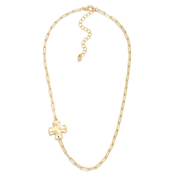 Paperclip Chain Link Necklace Featuring Side Stationary Hammered Metal Plus Cross Pendant 

- Approximately 16" L
- Extender 3" L