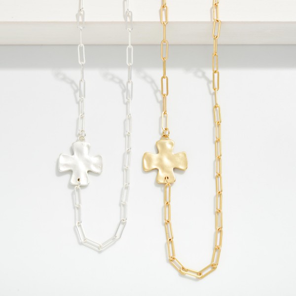 Paperclip Chain Link Necklace Featuring Side Stationary Hammered Metal Plus Cross Pendant 

- Approximately 16" L
- Extender 3" L