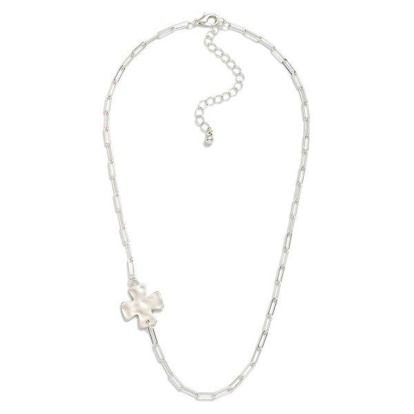 Paperclip Chain Link Necklace Featuring Side Stationary Hammered Metal Plus Cross Pendant 

- Approximately 16" L
- Extender 3" L
