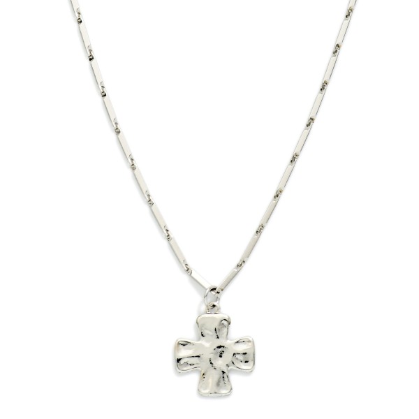 Metal Tone Bar Link Chain Link Necklace Featuring Hammered Metal Plus Cross Pendant 

- Approximately 14" L
- Extender 3" L
