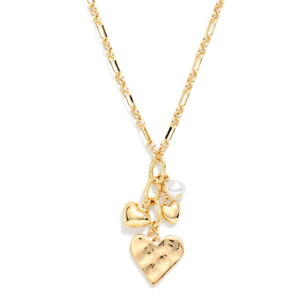 Oval & Circle Chain Link Necklace Featuring Pearl & Hearts Pendant 

- Approximately 16" L
- Extender 3" L