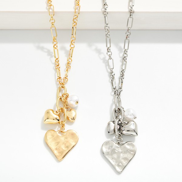 Oval & Circle Chain Link Necklace Featuring Pearl & Hearts Pendant 

- Approximately 16" L
- Extender 3" L