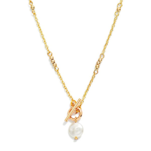 Chain Link Necklace Featuring Metal Tone Beaded Stations With Flat Pearl & Toggle Clasp 

- Approximately 14" L