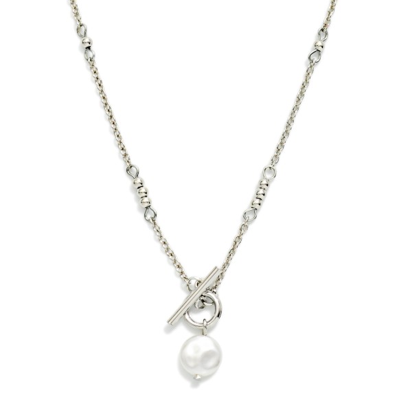 Chain Link Necklace Featuring Metal Tone Beaded Stations With Flat Pearl & Toggle Clasp 

- Approximately 14" L