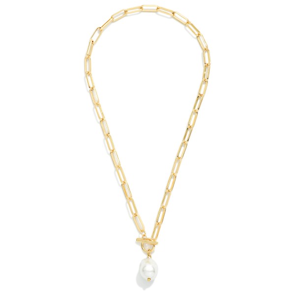 Metal Tone Paperclip Chain Link Necklace Featuring Toggle Clasp And Pearl Pendant 

- Approximately 18" L 