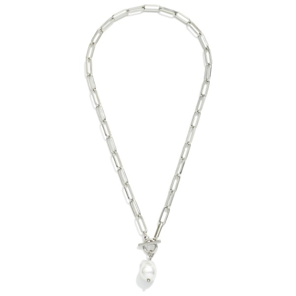 Metal Tone Paperclip Chain Link Necklace Featuring Toggle Clasp And Pearl Pendant 

- Approximately 18" L 
