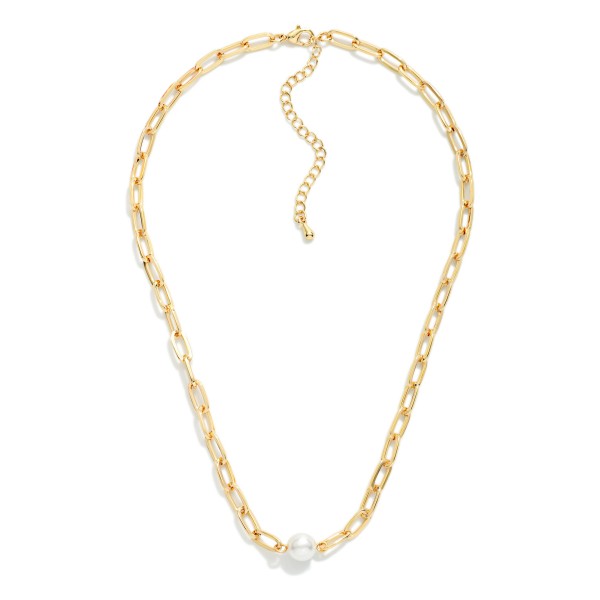 Metal Tone Paperclip Chain Link Necklace Featuring Pearl Pendant 

- Approximately 14" L 
- Extender 2" L 