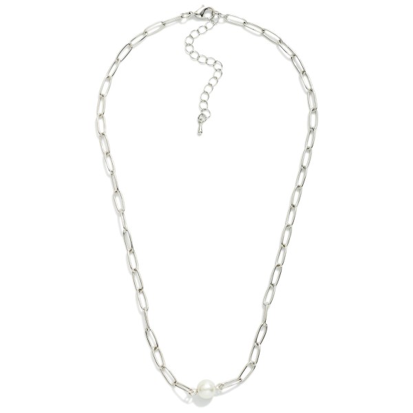 Metal Tone Paperclip Chain Link Necklace Featuring Pearl Pendant 

- Approximately 14" L 
- Extender 2" L 