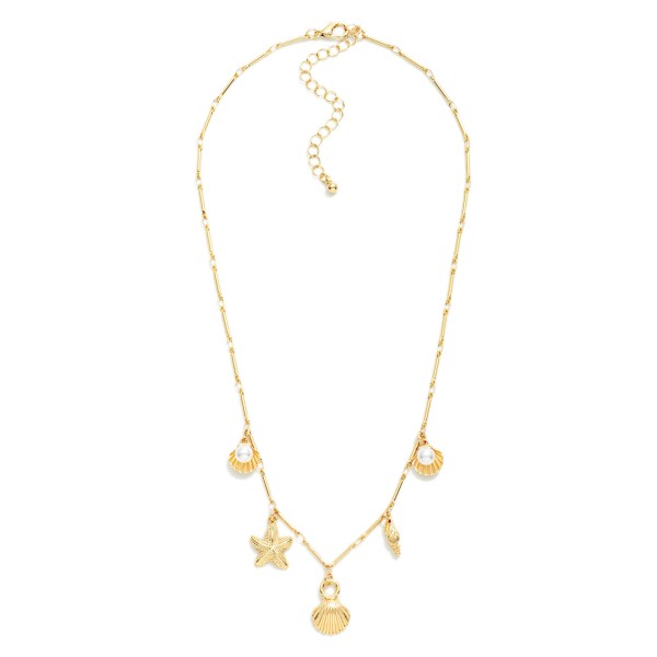 Metal Tone Bar Chain Link Necklace Featuring Beach Charms, Gold Tones, And Pearls 

- Approximately 18" L 
- Extender 2" L 