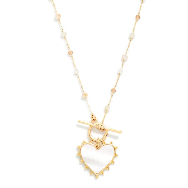 Chain Link Necklace With Bead Stations & Pearlescent Heart Pendant 

- Approximately 16" L

