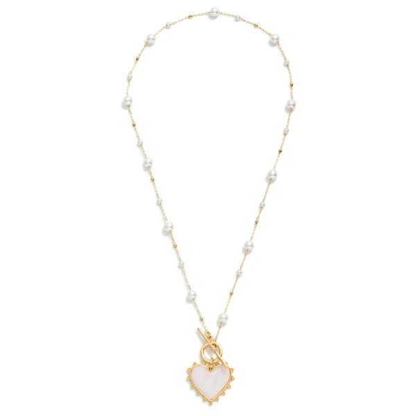 Chain Link Necklace With Bead Stations & Pearlescent Heart Pendant 

- Approximately 16" L
