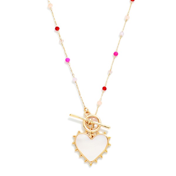 Chain Link Necklace With Bead Stations & Pearlescent Heart Pendant 

- Approximately 16" L
