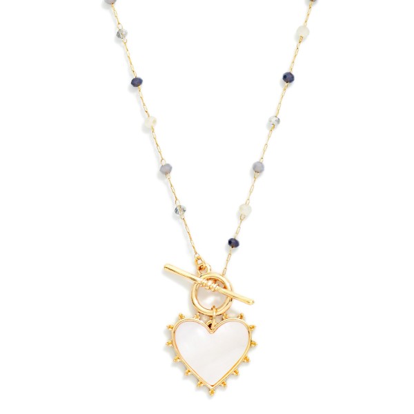 Chain Link Necklace With Bead Stations & Pearlescent Heart Pendant 

- Approximately 16" L
