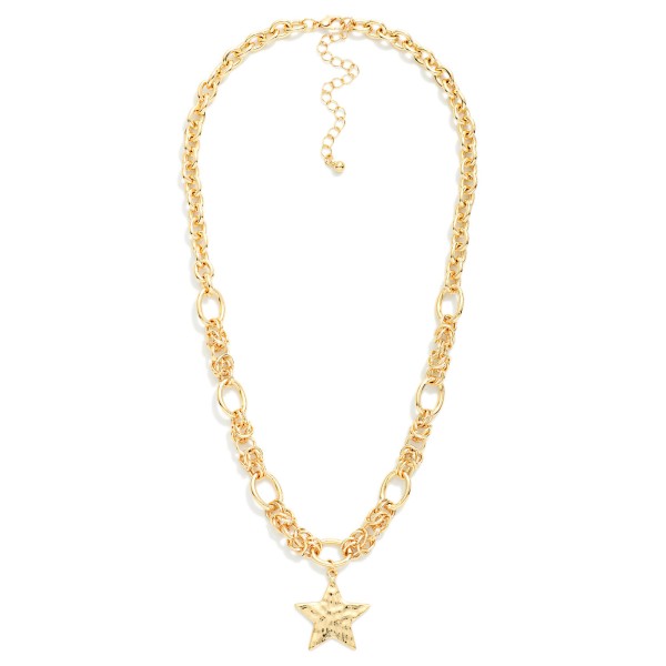 Multi Link Chain Link Necklace Featuring Hammered Star Pendant 

- Approximately 16" L
- Extender 3" L