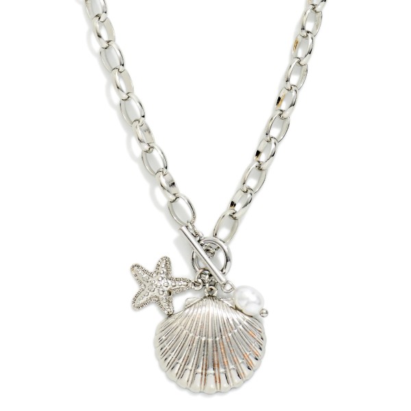 Chain Link Necklace Featuring Metal Tone Shell & Starfish Pendant 

- Approximately 16" L