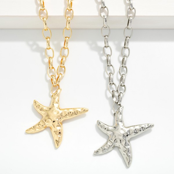Chain Link Necklace Featuring Hammered Metal Starfish Pendant 

- Approximately 16" L
