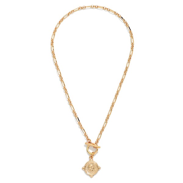 Metal Tone Chain Link Necklace Featuring Metal Coin & Toggle Clasp 

- Approximately 16" L
