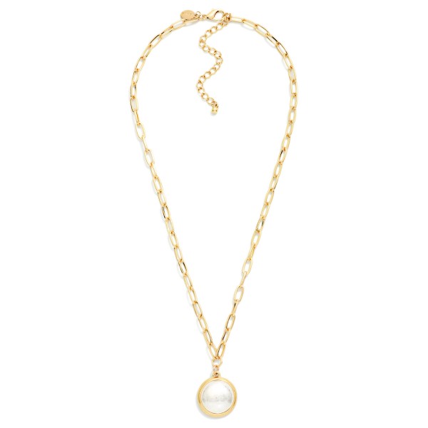 Paperclip Chain Link Necklace Featuring Two Tone Circle With Border Pendant 

- Approximately 16" L 
- Extender 3" L 