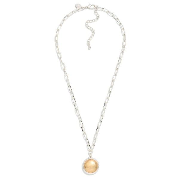 Paperclip Chain Link Necklace Featuring Two Tone Circle With Border Pendant 

- Approximately 16" L 
- Extender 3" L 