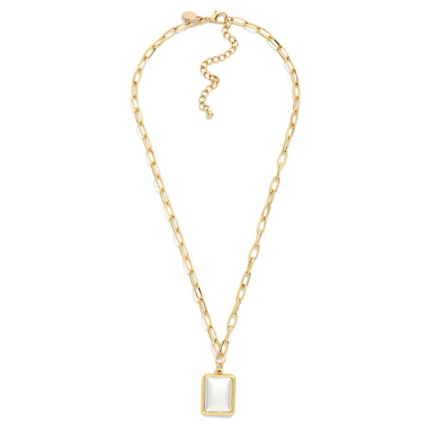 Paperclip Chain Link Necklace Featuring Two Tone Squared With Border Pendant 

- Approximately 16" L 
- Extender 3" L 