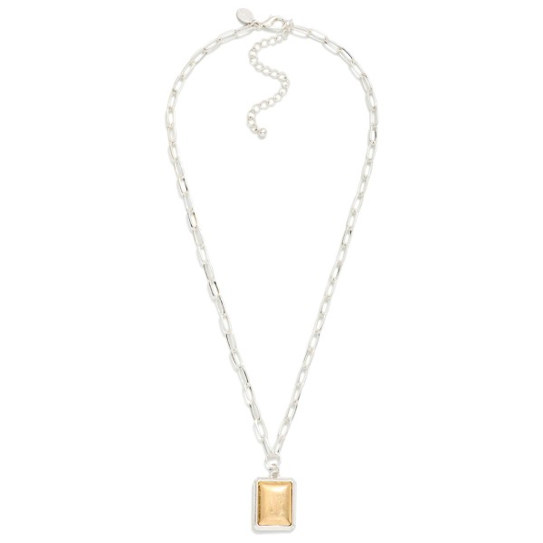 Paperclip Chain Link Necklace Featuring Two Tone Squared With Border Pendant 

- Approximately 16" L 
- Extender 3" L 