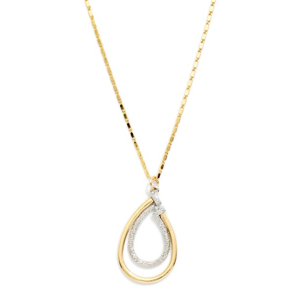 Metal Tone Chain Link Necklace Featuring Textured Nesting Teardrop Pendant  

- Approximately 20" L 
- Extender 3" L 