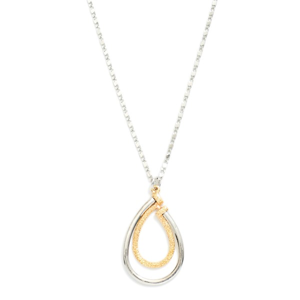 Metal Tone Chain Link Necklace Featuring Textured Nesting Teardrop Pendant  

- Approximately 20" L 
- Extender 3" L 