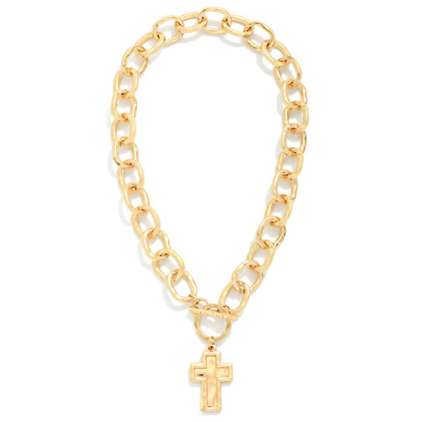 Hammered Chain Link Necklace Featuring Toggle Clasp & Cross Pendants 

- Approximately 16" L