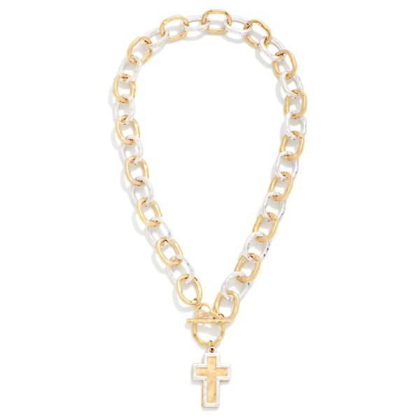 Hammered Chain Link Necklace Featuring Toggle Clasp & Cross Pendants 

- Approximately 16" L