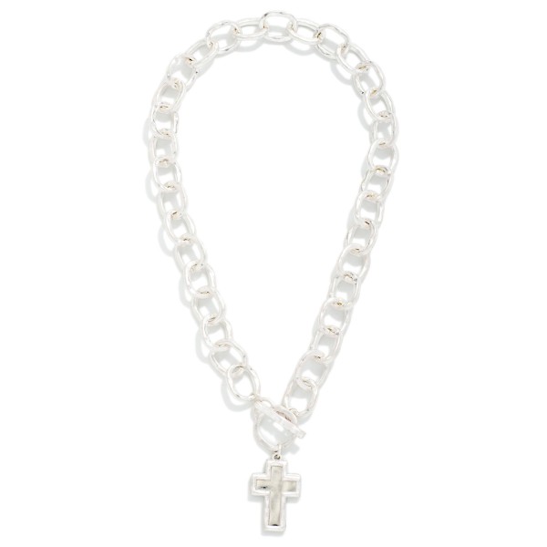 Hammered Chain Link Necklace Featuring Toggle Clasp & Cross Pendants 

- Approximately 16" L