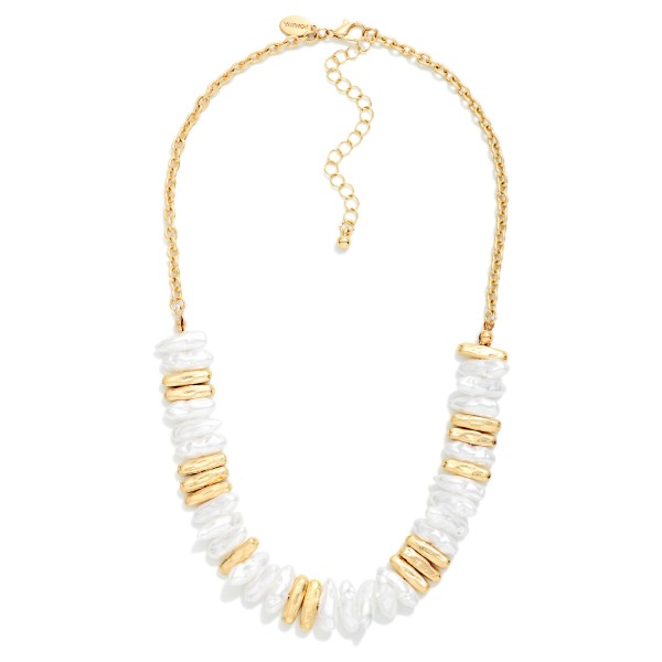 Rectangle Pearl & Hammered Metal Bead Beaded Chain Link Necklace 

- Approximately 16" L
- Extender 3" L