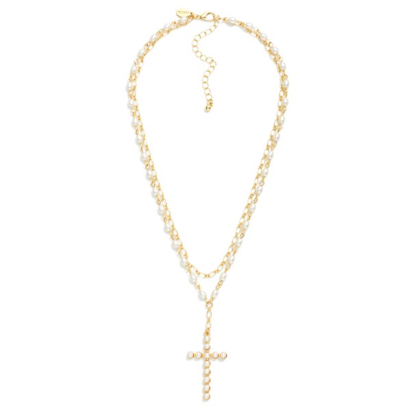 Layered Chain Link Necklace Featuring Pearls And Pearl Studded Cross Pendant 

- Approximately 14" L 
- Extender 3" L 