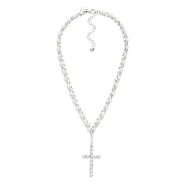 Layered Chain Link Necklace Featuring Pearls And Pearl Studded Cross Pendant 

- Approximately 14" L 
- Extender 3" L 