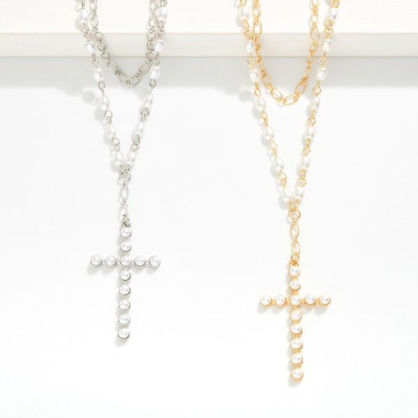 Layered Chain Link Necklace Featuring Pearls And Pearl Studded Cross Pendant 

- Approximately 14" L 
- Extender 3" L 