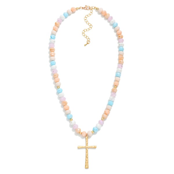 Faceted Glass Beaded Necklace With Cross Pendant  Featuring Gold Tones

- Approximately 20" L 