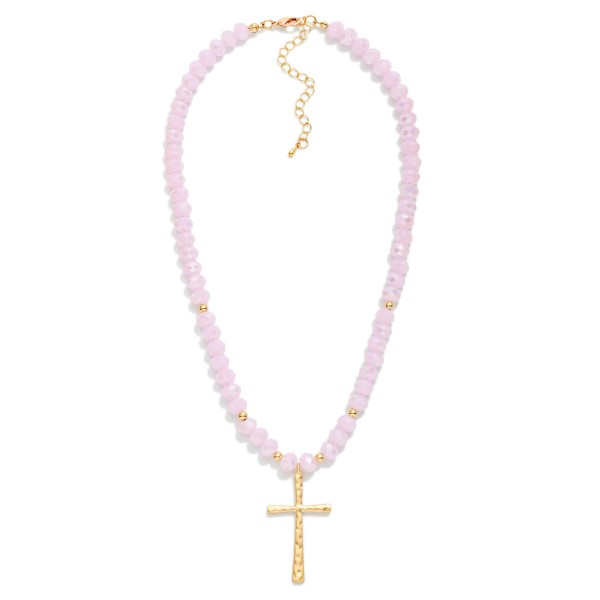 Faceted Glass Beaded Necklace With Cross Pendant  Featuring Gold Tones

- Approximately 20" L 