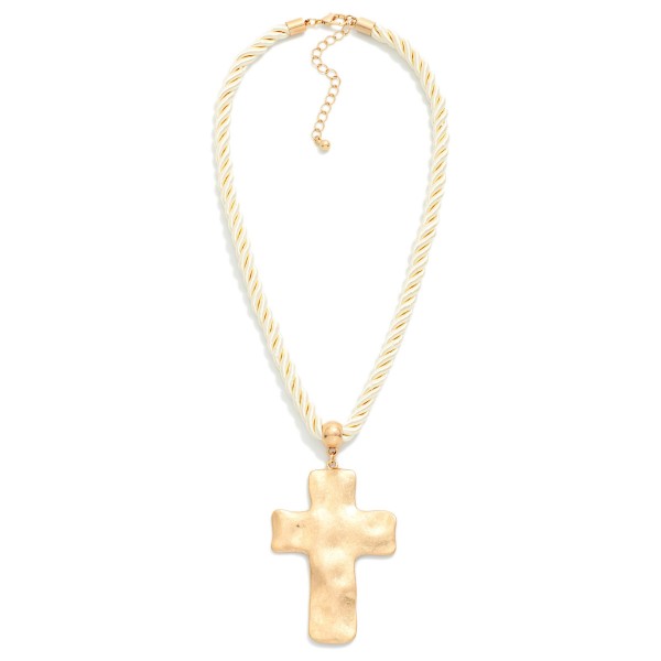 Twisted Rope Necklace Featuring Large Hammered Metal Cross Pendant 

- Gold Dipped 
- Approximately 16" L
- Extender 2" L