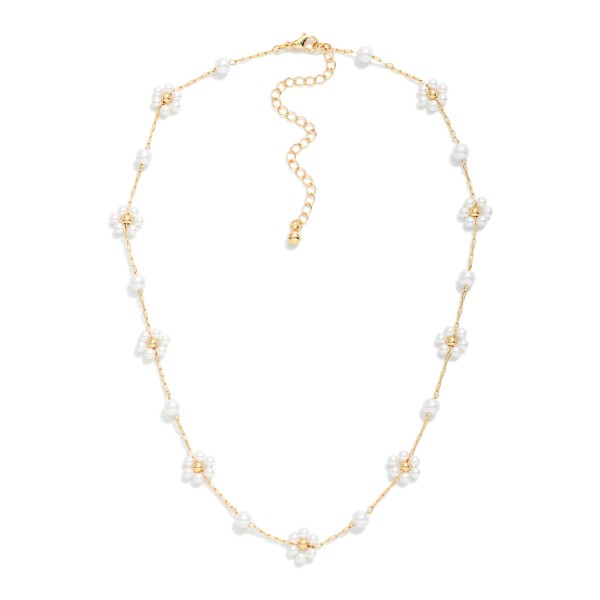 Chain Link Necklace Featuring Pearl & Pearl Flower Stations 

- Approximately 14" L
- Extender 3" L