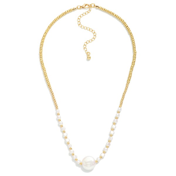 Metal Tone Bead & Pearl Beaded Necklace Featuring Flat Pearl Pendant 

- Approximately 14" L
- Extender 3" L