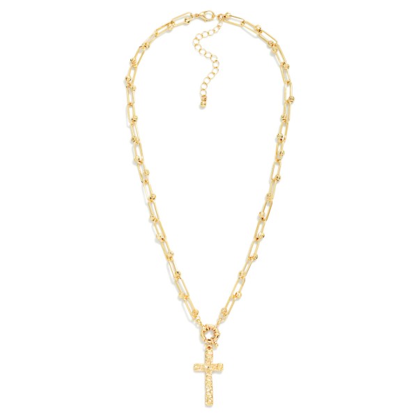 Paperclip Chain Link Necklace With Textured Bead Detail & Hammered Metal Cross Pendant 

- Approximately 14" L
- Extender 3" L