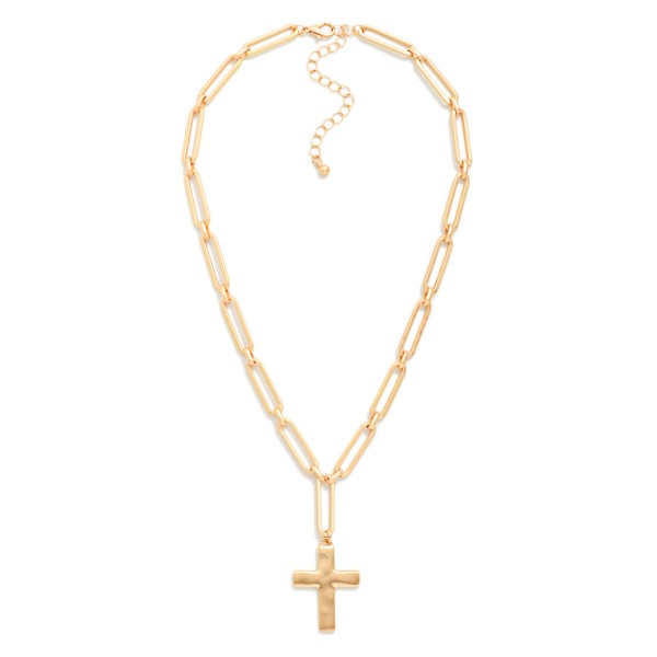 Matte Metal Paperclip Chain Link Necklace Featuring Cross Pendant 

- Approximately 16" L
- Extender 3" L