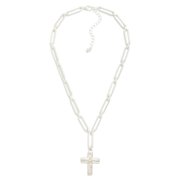 Matte Metal Paperclip Chain Link Necklace Featuring Cross Pendant 

- Approximately 16" L
- Extender 3" L