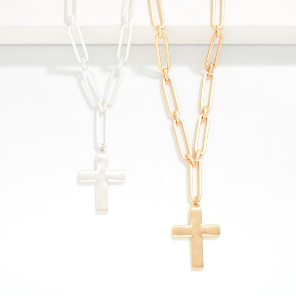 Matte Metal Paperclip Chain Link Necklace Featuring Cross Pendant 

- Approximately 16" L
- Extender 3" L