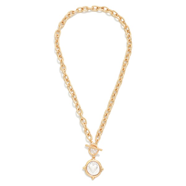 Twisted Metal Chain Link Necklace With Toggle Clasp Featuring Circle Heart pendent 

- Approximately 18" L 
