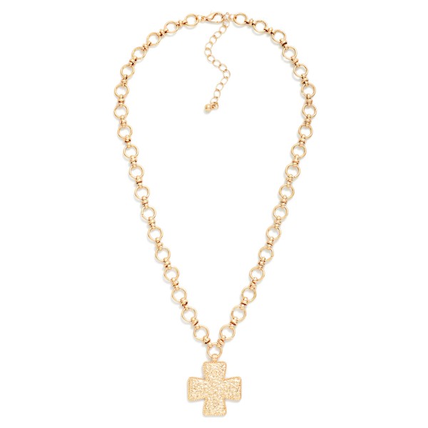 Circle Link Chain Link Necklace Featuring Hammered Metal Plus Cross Pendant 

- Approximately 14" L
- Extender 3" L